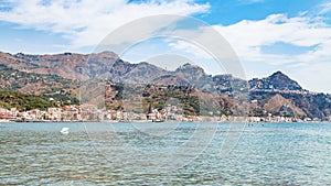 Panoramic view of Giardini Naxos and Taormina city