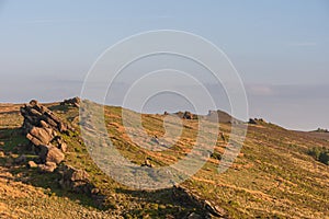 Panoramic view of Gib Torr, The Roaches at sunset in the Peak District National Park