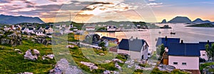 Panoramic view of Gjesvaer village in the west of Mageroya Island. Nordkapp Municipality in Norwegian Finnmark county