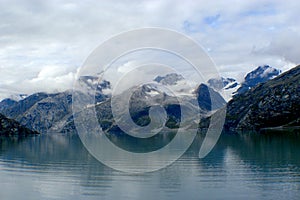 A panoramic view of Glacier Bay, Alaska, coming through the Inside Passage to view the calving of the glaciers.