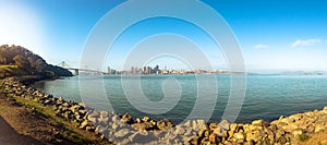 Panoramic view of Golden Gate bridge in San Francisco.