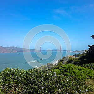 Panoramic view of Golden Gate bridge in San Francisco.