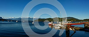 Panoramic view of the golden hours at the waterfront in Gibsons, BC. Canada