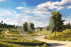 panoramic view of a golf course with a winding cart path