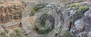 Panoramic view of the gorge visible from the top of the Klipspringer Pass in the Karoo National Park in South Africa.