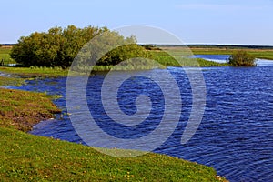 Panoramic view of the grassy meadows and wetlands - wildlife and birds reserve - and the Biebrza river in the Biebrzanski National