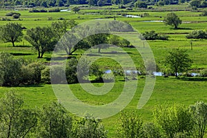 Panoramic view of the grassy meadows and wetlands - wildlife and birds reserve - and the Biebrza river in the Biebrzanski National