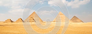 Panoramic view of Great Egyptian pyramids in Giza, Egypt