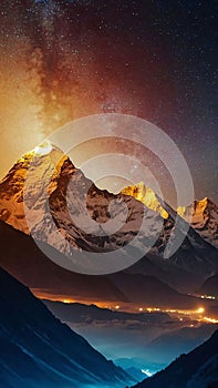 Panoramic view of great Himalayan range at evening, with the mountains glowing in the warm light of the starry night with a lot of