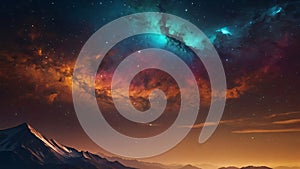 Panoramic view of great Himalayan range at evening, with the mountains glowing in the warm light of the starry night with a lot of