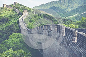 Panoramic view of Great Wall of China at Badaling in the mountains in the north of the capital Beijing.