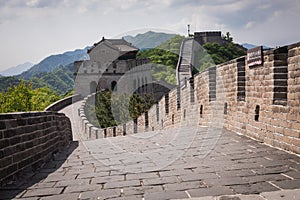 Panoramic view of Great Wall of China at Badaling in the mountains in the north of the capital Beijing.