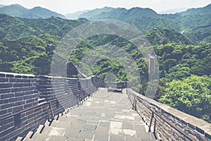 Panoramic view of Great Wall of China at Badaling in the mountains in the north of the capital Beijing.