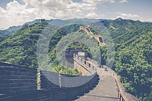 Panoramic view of Great Wall of China at Badaling in the mountains in the north of the capital Beijing.