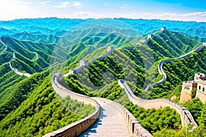 Panoramic view of great wall of China snaking over hills made with Generative AI