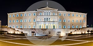 Panoramic view of the Greek Parliament building at night, Athens