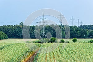 Panoramic view of a green field with a tractor track and high voltage towers, electricity pylons in the distant