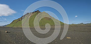 Panoramic view on green Hattafell mountain in Volcanic landscape behind Emstrur camping site on Laugavegur trek in area