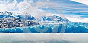 Panoramic view of Grey Glacier and Grey Lake at Torres del Paine National Park in Southern Chilean Patagonia