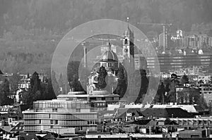 Panoramic view from the Grossminster-Tower to ZÃ¼rich-Enge with the church