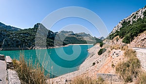 PANORAMIC VIEW OF GROUGHT IN GORG BLAU RESERVOIR IN MAJORCA, SPAIN