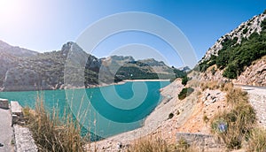 PANORAMIC VIEW OF GROUGHT IN GORG BLAU RESERVOIR IN MAJORCA, SPAIN 2