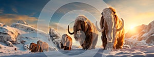 panoramic view of a group of woolly mammoths walking across a snowy tundra at sunset