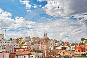 Panoramic view of Guanajuato historic center with typical colorful architecture and cobblestone narrow streets