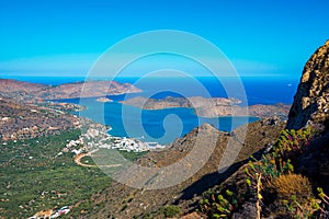 Panoramic view of the gulf of Mirambello with Spinalonga island. View from the mountain of Oxa with ruins of ancient water tanks.
