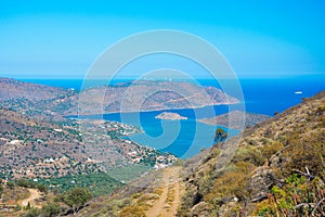 Panoramic view of the gulf of Mirambello with Spinalonga island. View from the mountain of Oxa with ruins of ancient water tanks.