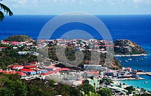 Panoramic view of Gustavia harbour seen from the hills, St Barth, sailboats, pier