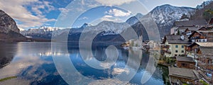 Panoramic view of Hallstatt, a charming village on the Hallstattersee lake and a famous tourist attraction, with beautiful