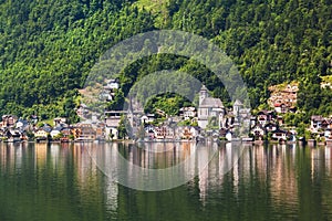 Panoramic view of Hallstatt from lake Hallstater See, Austria