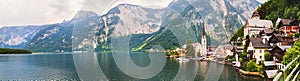 Panoramic view of Hallstatt from lake Hallstater See, Austria