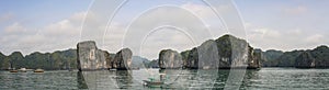 Panoramic view of halong bay with its colorful fishing boats, Quang Ninh Province, Vietnam