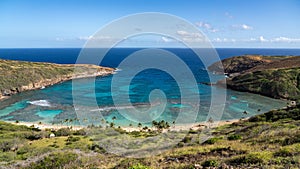 Panoramic view of Hanauma Bay nature preserve on Oahu, Hawaii