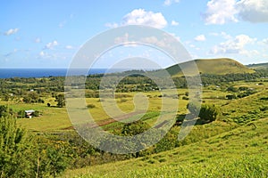 Panoramic view of Hanga Roa as seen from Puna Pau, Easter island, Chile