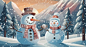 Panoramic view of happy cutie 2 snowman in winter secenery illustrations