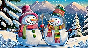 Panoramic view of happy cutie 2 snowman in winter secenery illustrations