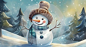 Panoramic view of happy cutie snowman in winter secenery