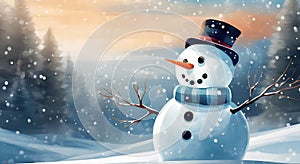 Panoramic view of happy cutie snowman in winter secenery illustrations