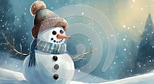Panoramic view of happy cutie snowman in winter secenery illustrations