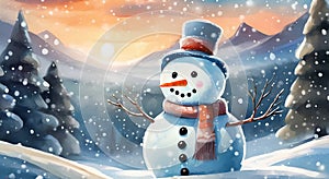 Panoramic view of happy cutie snowman in winter secenery illustrations