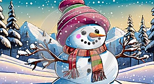 Panoramic view of happy cutie snowman in winter secenery illustrations