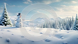 Panoramic view of happy snowman in snow winter scenery for Christmas