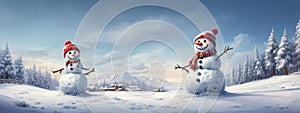 Panoramic view of happy snowman in winter secenery with copy space