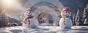 Panoramic view of happy snowman in winter secenery with copy space