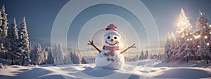 Panoramic view of happy snowman in winter secenery with copy space