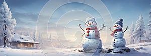 Panoramic view of happy snowman in winter secenery with copy space