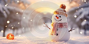 Panoramic view of happy snowman in winter secenery with copy space